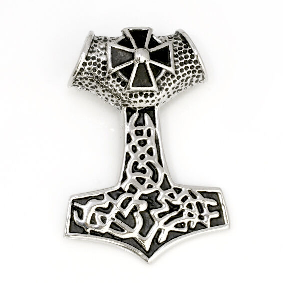 Edelstahlanhänger – Thors Hammer mit Kreuzornament und Flechtrelief