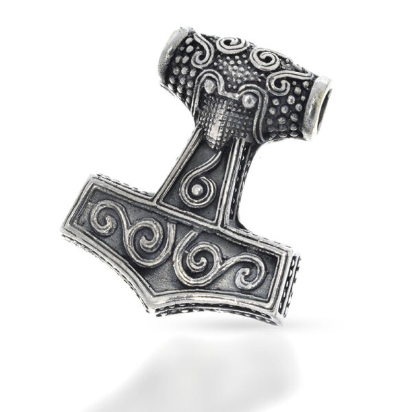Thors Hammer with Broad Spiral Relief and Animal Mask in 925 Sterling Silver