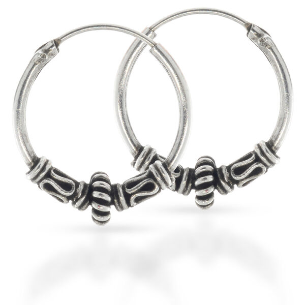 Bali Hoop Earrings “Balea” in 925 Sterling Silver – Wave Motifs and Ribbed Centre (Pair)
