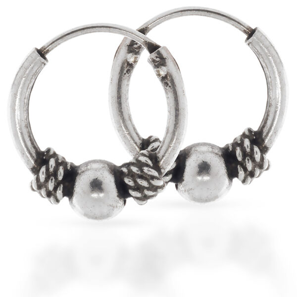 Bali Hoop Earrings in 925 Sterling Silver – Bead and Rounded Braided Details, 10 mm (Pair)