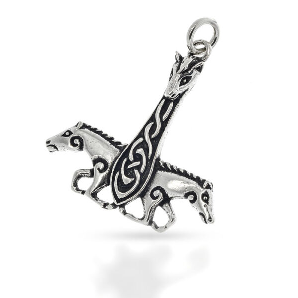 Thors Hammer with Two Horses and Open Knotwork Shaft in 925 Sterling Silver