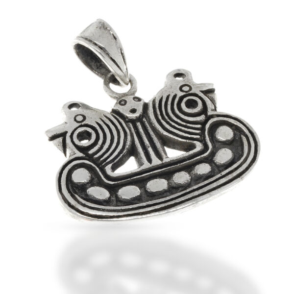 Viking Ship Pendant with Twin Animal Heads in 925 Sterling Silver