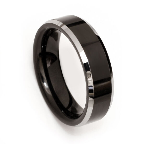 Tungsten Ring 6 mm - With wide black stripe, polished edges and cambered black inside 60 (19,1 Ø) 09 US