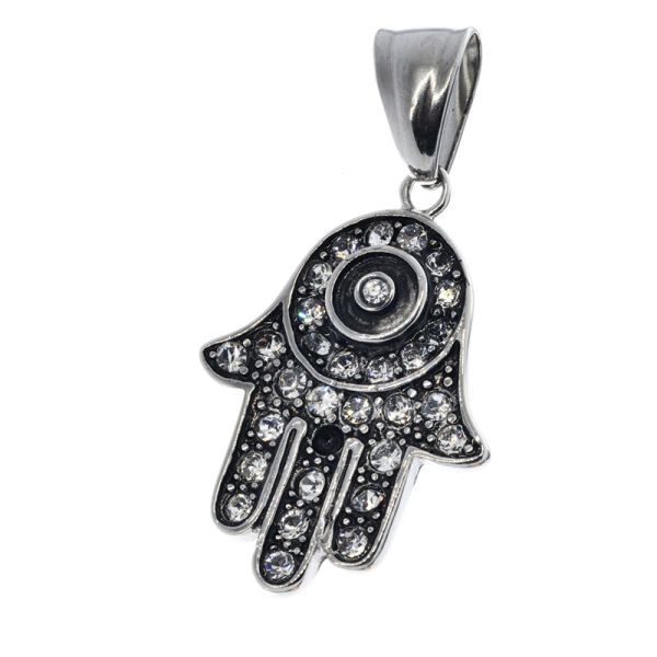 Stainless Steel Pendant - Hand of Fatima with white rhinestones