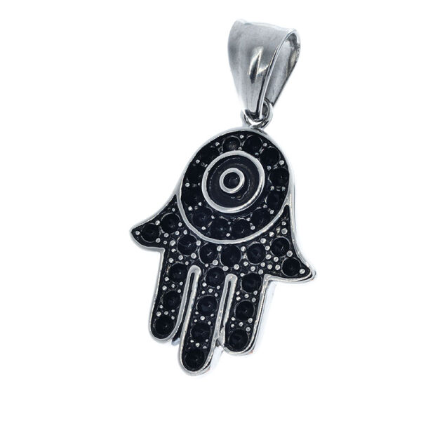 Stainless steel pendant - Hand of Fatima with black rhinestones