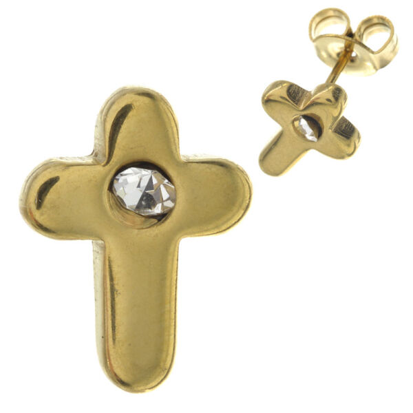 Edelstahlohrring - Kreuz mit Stein, PVD-Gold
