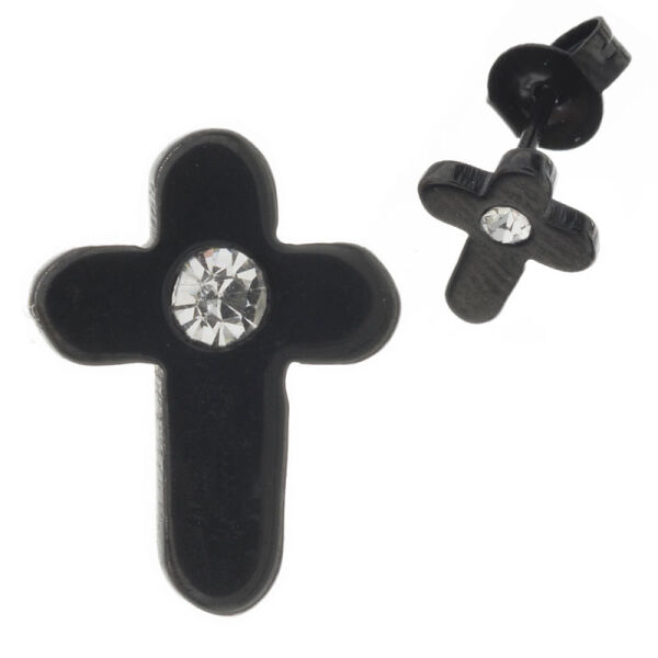 Edelstahlohrring - Kreuz mit Stein, PVD-Schwarz