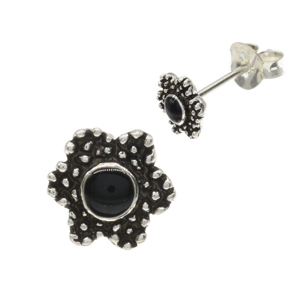 Silver Stud Earrings - Star with Black Stone