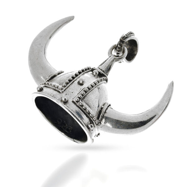 Large Viking Helmet Pendant with Curved Horns in 925 Sterling Silver