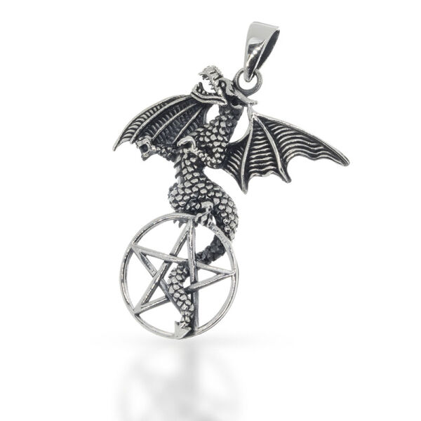 Winged Dragon Pendant with Open Pentagram in 925 Sterling Silver