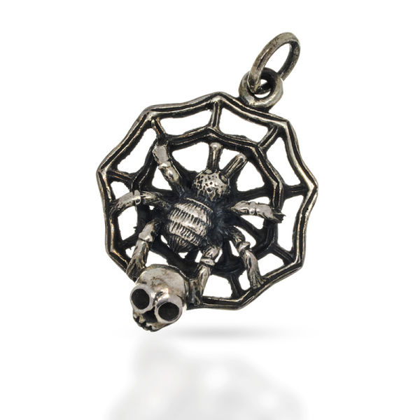 925 Sterling Silberanhänger - Spinne im Netz mit Totenkopf