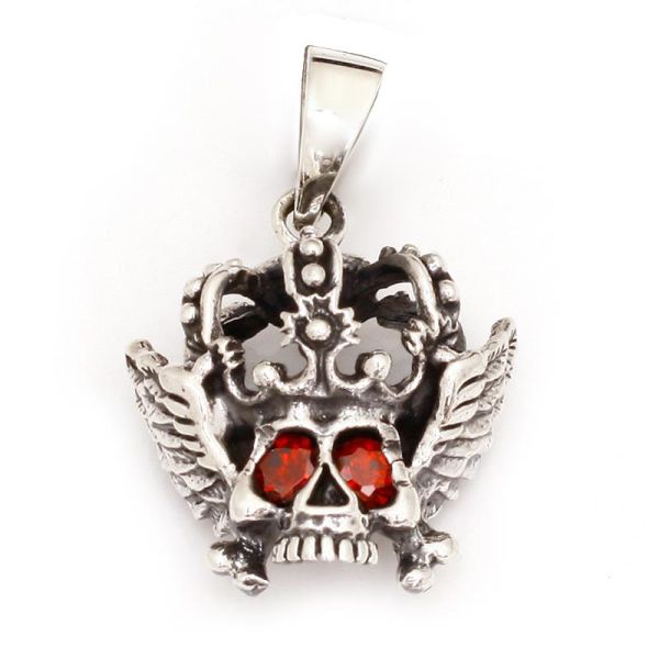 925 Sterling Silberanhänger - geflügelter Totenkopf mit rotem Augen und Krone