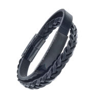 Lederarmband geflochten mit Edelstahlverschluss und Gravurplatte Schwarz
