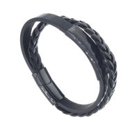 Lederarmband geflochten mit Edelstahlverschluss und Gravurplatte Schwarz