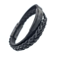 Lederarmband geflochten mit Edelstahlverschluss und Gravurplatte Schwarz