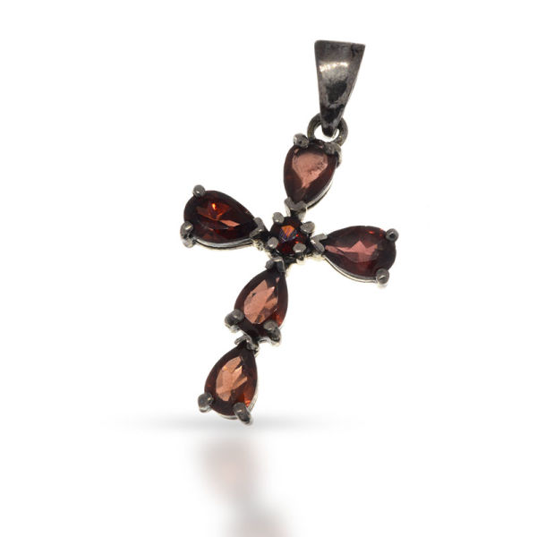 925 Sterling Silberanhänger - Kreuz mit Steinen Dunkelrot "Ignacio"