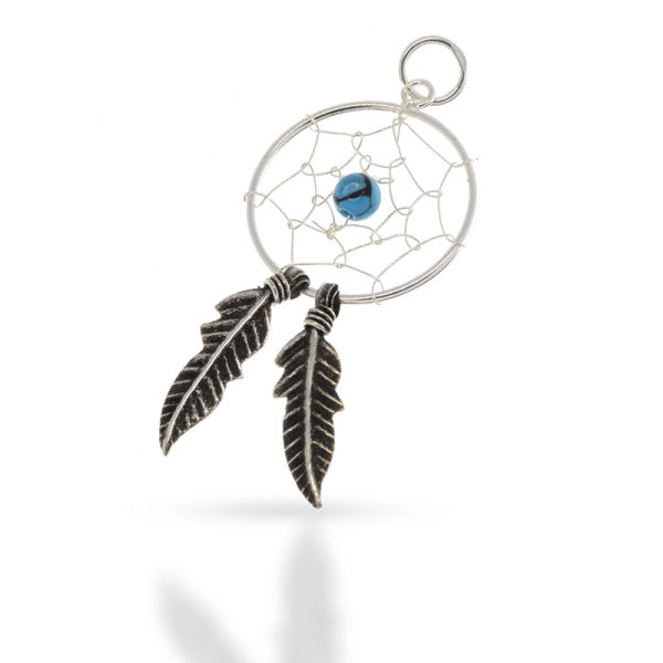 925 Sterling Silver Pendant - Dream Catcher with Blue Stone and Two Feathers