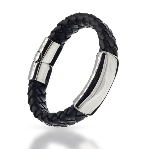 Lederarmband geflochten mit Edelstahl Gravurplatte Schwarz 23cm
