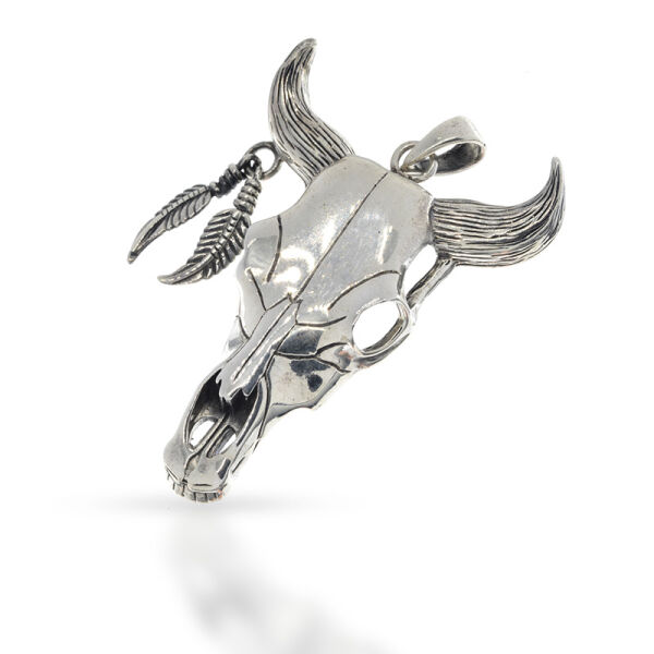 925 Sterling Silver Pendant - Animal skull with Feathers