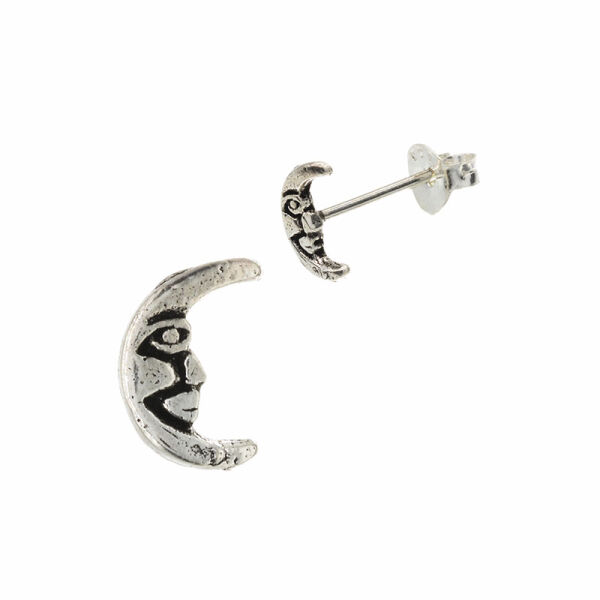 Silver ear studs - crescent moon face