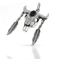 925 Sterling silver pendant - Buffalo skull with onyx and...