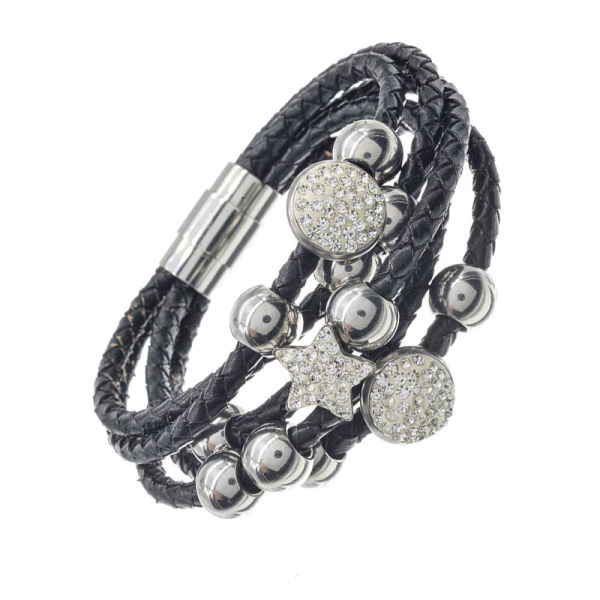 Lederarmband mit Edelstahl- Kugeln und Glitzersteine 2- Schwarz
