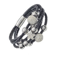 Lederarmband mit Edelstahl- Kugeln und Glitzersteine 2- Schwarz
