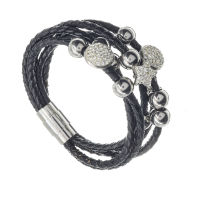 Lederarmband mit Edelstahl- Kugeln und Glitzersteine 2- Schwarz