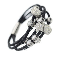Lederarmband mit Edelstahl- Kugeln und Glitzersteine 2- Schwarz