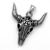 Stainless steel pendant - bull skull with flower