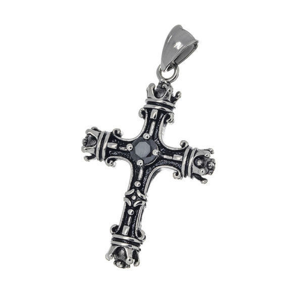 Edelstahlanhänger - Kreuz "Yomor" mit Kronen und schwarzem Stein "schwarz"