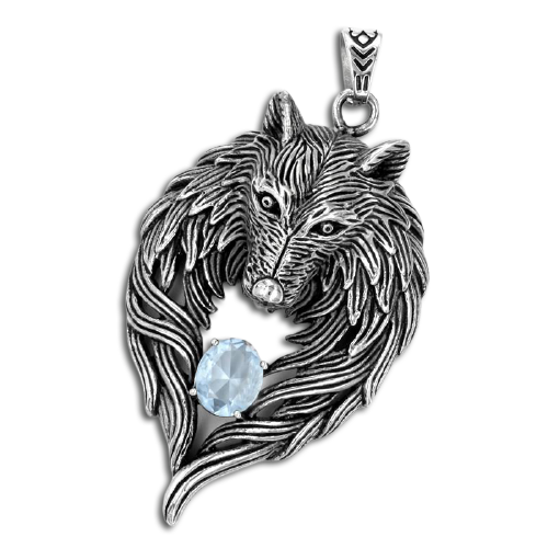 Edelstahlanhänger - Wolf mit Stein 74 mm-Violett
