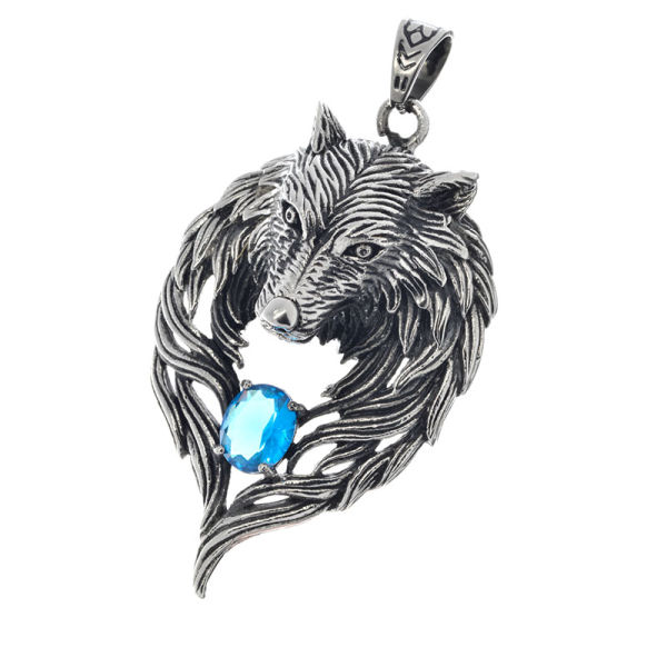Edelstahlanhänger - Wolf mit Stein 74 mm-Hellblau