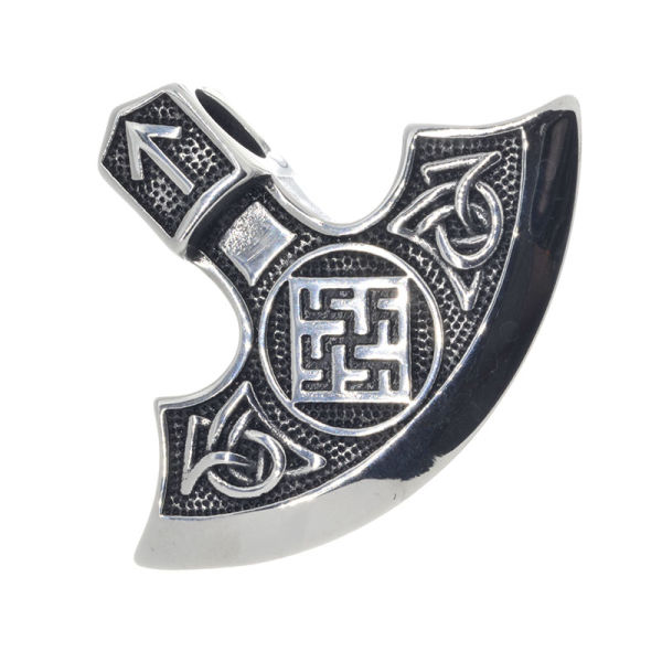 Stainless steel pendant - Axe with Celtic symbols + runes