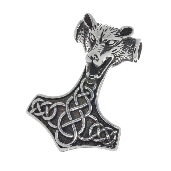 Stainless Steel Pendant – Thor’s Hammer with Wolf Head and Broad Interlaced Lines