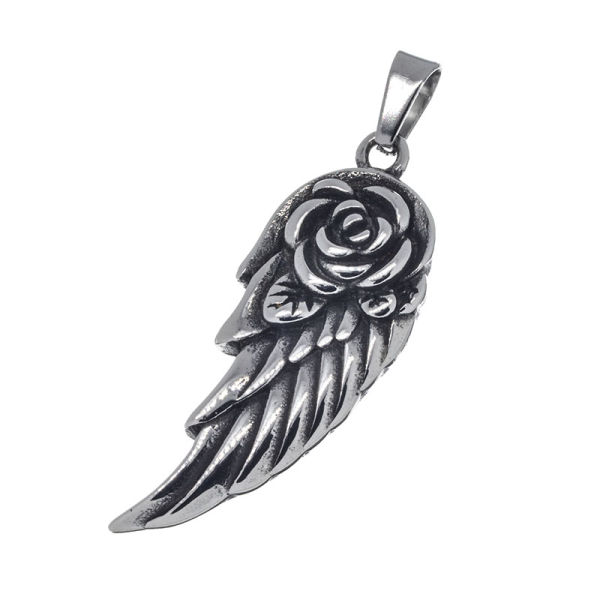 Edelstahlanhänger - Engelsflügel mit Rose 60 mm x 21 mm x 5 mm