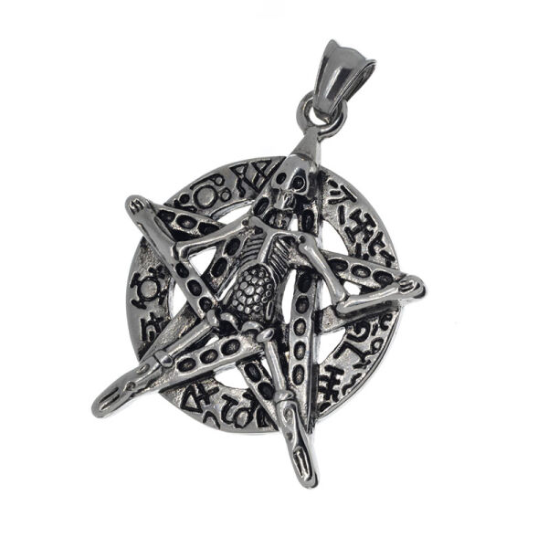 Stainless Steel Pendant – Skeleton before Pentagram and Symbol Ring