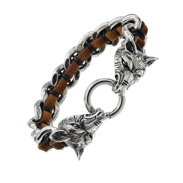 Lederarmband braun mit Edelstahl - Wolfskopf