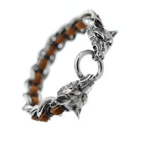 Lederarmband braun mit Edelstahl - Wolfskopf