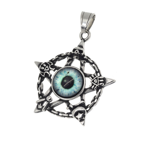 Edelstahlanhänger - Pentagramm mit Farbigem Drachenauge Blau