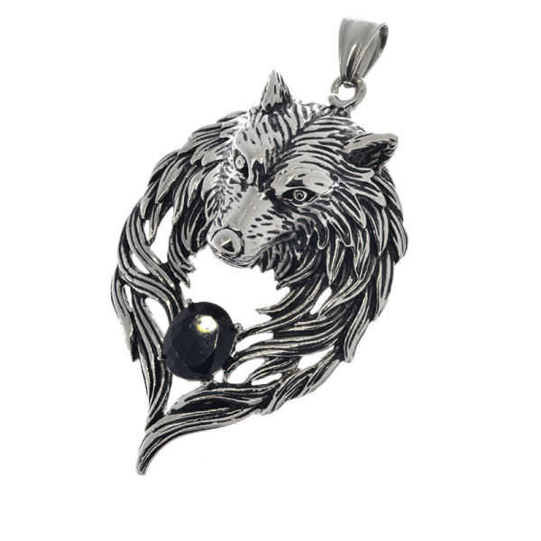 Edelstahlanhänger - Wolf mit Stein 69 mm-Schwarz