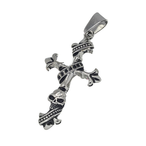 Edelstahlanhänger - Totenkopfkreuz mit Lilien an den Enden