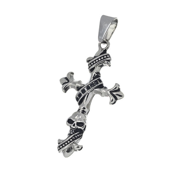 Edelstahlanhänger - Totenkopfkreuz mit Lilien an den Enden mit schwarzen Steinen