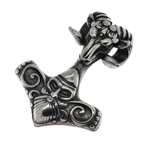 Stainless Steel Pendant – Thor’s Hammer with Ram Skull and Spiral Ornaments