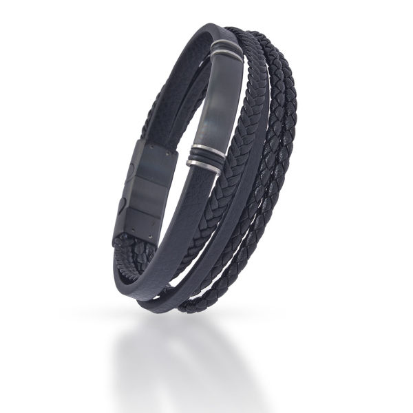 Echt Leder Armband - Schwarz geflochtene Multi Bänder und schwarzer Edelstahl Verschluss
