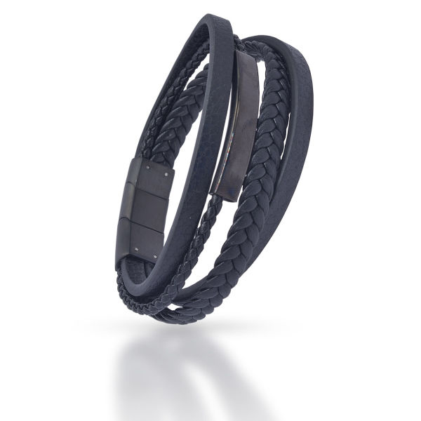 Genuine Leather Bracelet – Black Braided with Multi-Strands and Stainless Steel Elements
