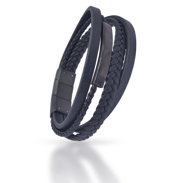 Genuine Leather Bracelet - Black Braided Multibands with Black Stainless Steel Clasp and Black Stainless Steel Engraving Plate