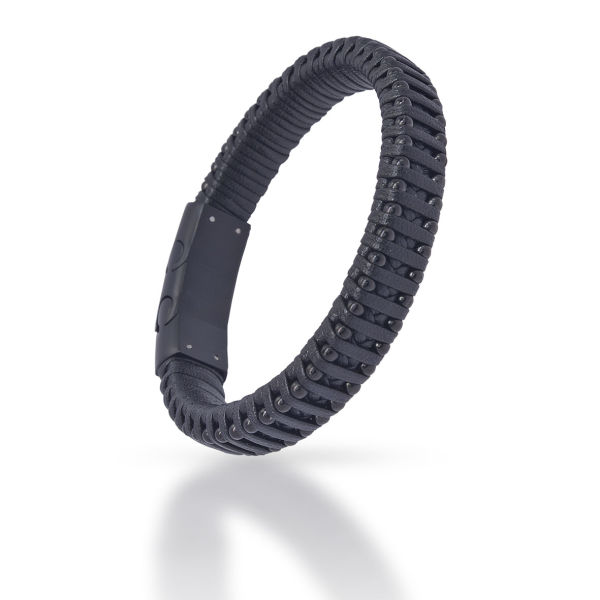Genuine leather bracelet - Black braided leather strap with black plastic beads