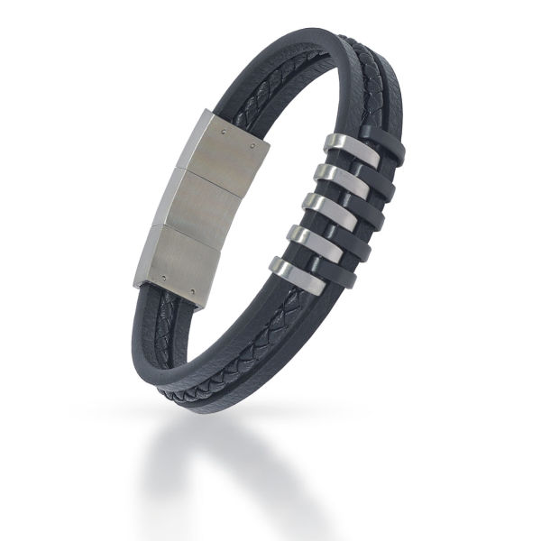 Echtlederarmband - Schwarz geflochtene Multibänder mit zweifarbigen Edelstahl-Elementen