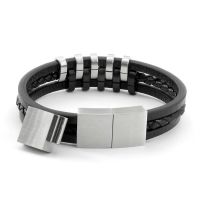 Echtlederarmband - Schwarz geflochtene Multibänder mit zweifarbigen Edelstahl-Elementen